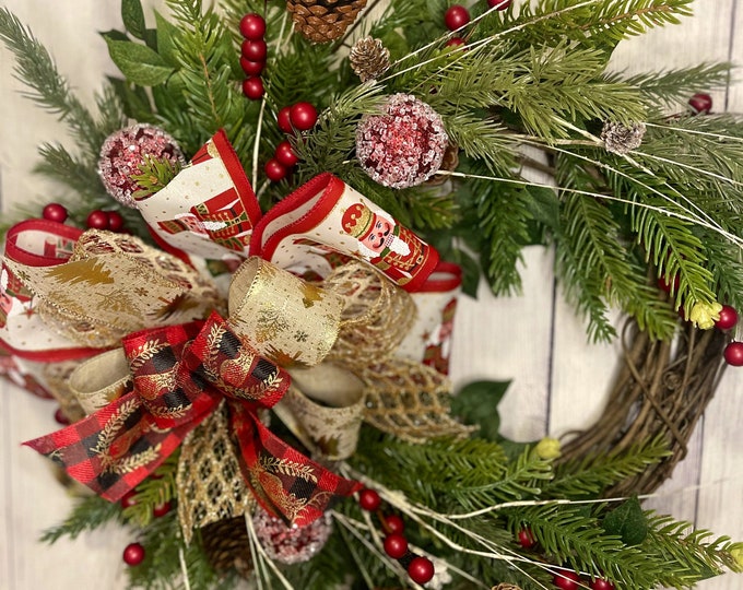 Christmas Grapevine Wreath, Nutcracker Grapevine for Front Door, Winter Wreath, Home Decor, Christmas Wreath with Bow, Pine Christmas Wreath