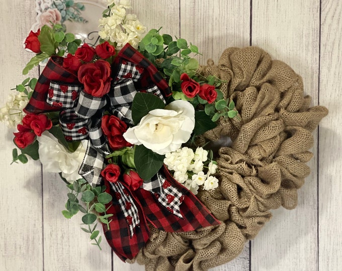 Valentine's Day Heart Wreath, Valentines Day floral Burlap Wreath, Farmhouse Heart Wreath for Front Door, Burlap Heart Wreath Floral and Bow