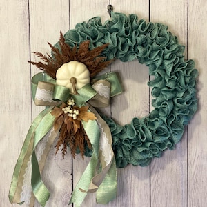 Burlap Pumpkin Fall Wreath, Burlap Wreath, Fall Wreath, Fall Decor, Rustic Home Decor, Turquoise Burlap Pumpkin Wreath, Rustic Fall Wreath