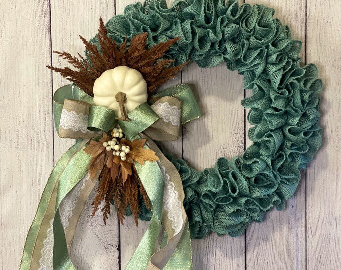 Burlap Pumpkin Fall Wreath, Burlap Wreath, Fall Wreath, Fall Decor, Rustic Home Decor, Turquoise Burlap Pumpkin Wreath, Rustic Fall Wreath