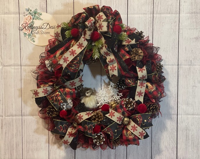 Owl Woodland Wreath, Christmas Wreath with lights,Front Door Wreath,Christmas Wreath for front Door,Winter Wreath with light,Holiday Wreath