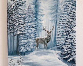 Winter Landscape Oil Painting Reindeer Christmas Gifts Decor Wooden Art