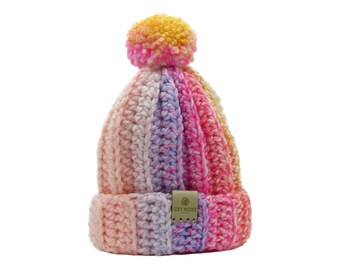Handmade Crochet Pom Pom Beanie – Marl Acrylic Winter Hat