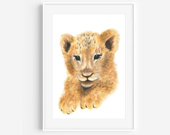 Löwenjunges Aquarell Druck, ungerahmt Kinderzimmer Druck, Safari Print, Kinderzimmer Wandkunst, Löwen Geschenk, Baby-Dusche-Geschenk, Tierkunst, Wohndekor