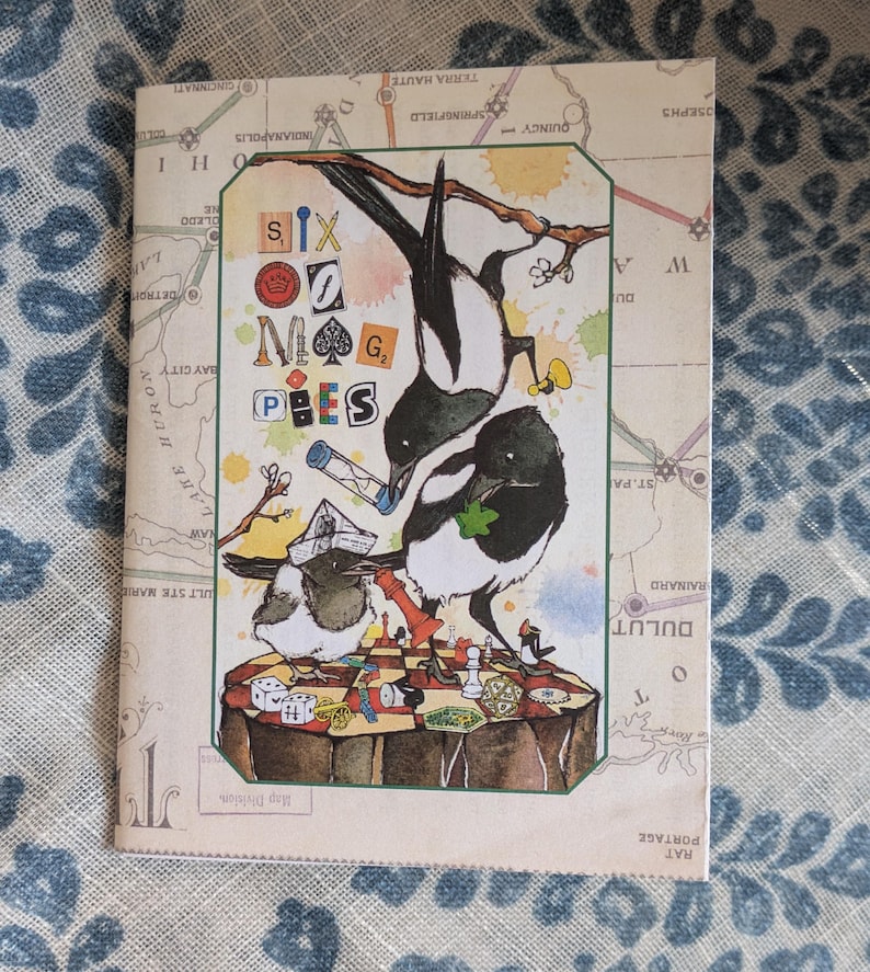 May include: A vintage illustration of three magpies playing a game of chess on a tree stump. The magpies are black and white with yellow beaks. The chessboard is black and white with red and white chess pieces. The illustration is surrounded by a map with text that reads 'RAT PORTAGE', 'DULUT', 'RAINARD', 'ST.PA', 'DU', 'WA', 'SID', 'DON', 'XIS', 'LAKE HURON', 'BAY CITY', 'OLEDO', 'NE', 'DETRON', 'LA', 'QUINCY', 'OSEPHS', 'SPRINGFIELD', 'TERRA HAUTE', 'OHI', 'INDIANAPOLIS', 'CINCINNATI'.