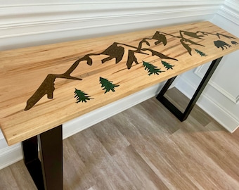 Epoxyd Einlegetisch, Konsolentisch, Bergszene, Schwarzbär Tisch, Epoxy Inlay, Epoxidkunst,