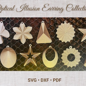 May include: A collection of optical illusion earrings in various shapes, including a butterfly, flower, star, and teardrop. The earrings are made of a light brown material and feature a layered design. The text "Optical Illusion Earring Collection" is at the top.
