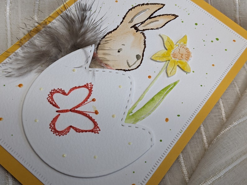 handgefertigte Osterkarte mit Stickerei in Farbwahl, Ostergruß, besondere Karte zum Osterfest Bild 4