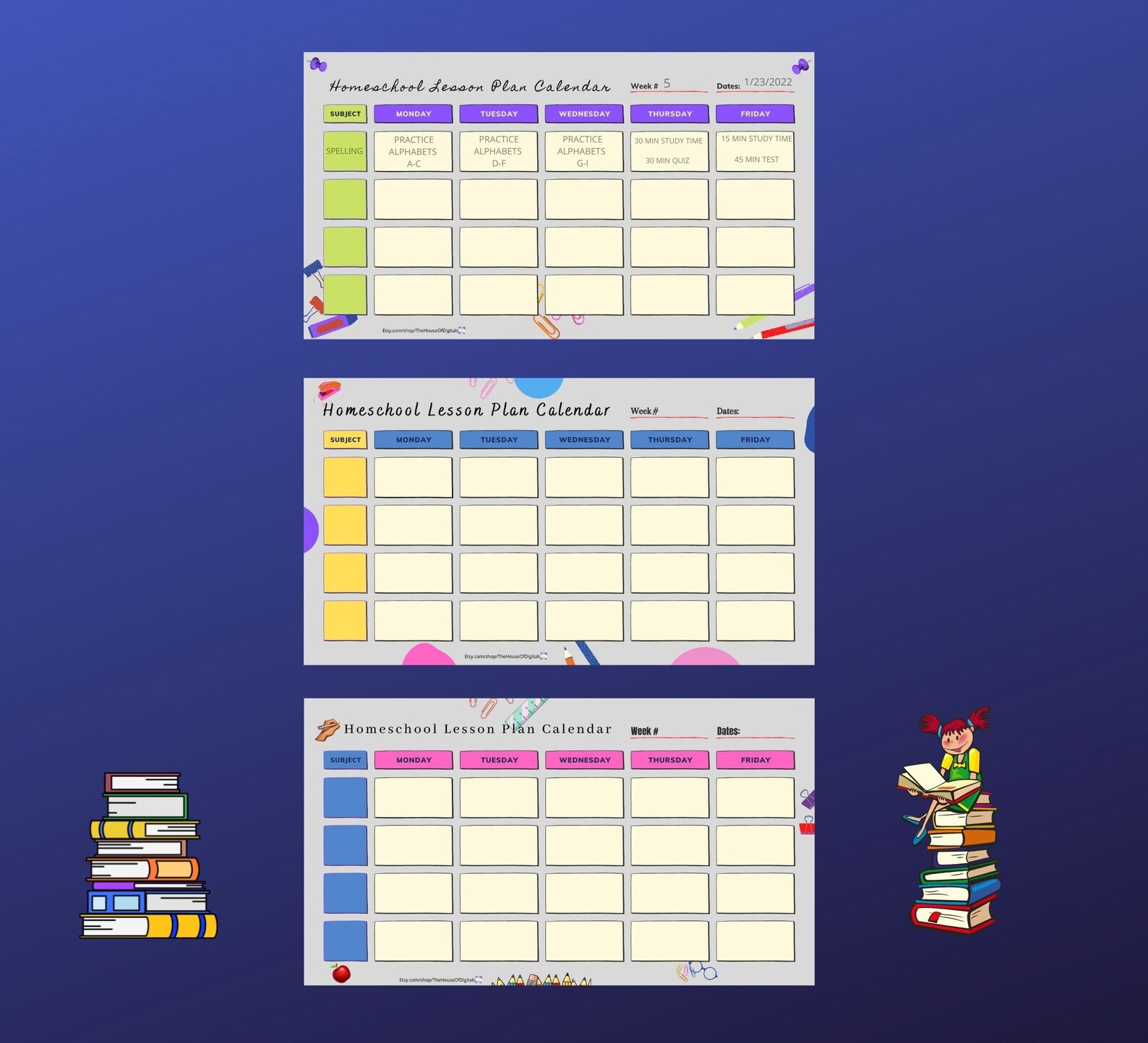 EDITABLE Homeschool Lesson Plan Calendar Fillable weekly Etsy