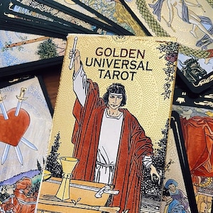 TAROT METALIZADO DORADO / Universal Deck Rider Waite Estética Dorada Brillante Lámina de Oro Impresión Tarjetas de Alta Calidad Diseño Vintage