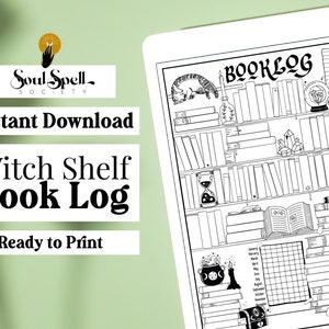 Op de afbeelding: Een printbare zwart-witte heksenplank boeklog tracker. Het ontwerp heeft een boekenplank met een kat, een zandloper, kristallen en een ketel. De tracker bevat een sectie voor boektitels, auteurs, gelezen data en een maandelijks leeslogboek.