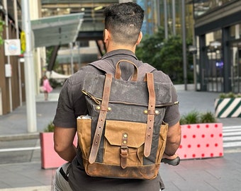 Handcrafted Canvas & Leather Roll-top Backpack – Vintage Travel Rucksack
