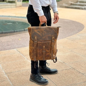 Vintage Full-Grain Leather Backpack | 15.6" Laptop, Travel Rucksack