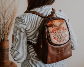 Hand-Carved Leather Backpack with Stag Motif, Floral Accents - Elegant Brown Daypack, Artisan Crafted, Unisex