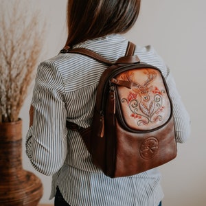 Handmade Retro Coffee Genuine Cow Leather Women's Mini Backpack with Floral Pattern. Lightweight Soft Shoulder Straps Floral Pattern Leather Bag