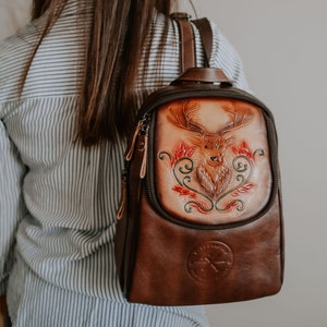 Retro Coffee Genuine Cow Leather Women's Mini Backpack with Floral Pattern, Lightweight Soft Shoulder Straps Floral Pattern Leather Bag