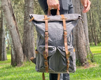 Waxed Canvas Travel Backpack: Leather Rucksack, Hiking Bag, Weekender Pack