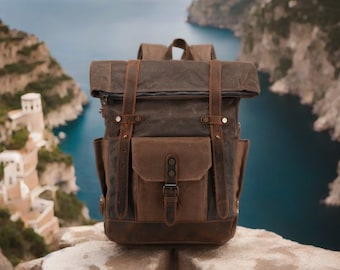 Casual Laptop Backpack For Men | Waxed Canvas Leather Bag | Vintage School Rucksack | 15 Inch Laptop Pack | Stylish Daily Bag