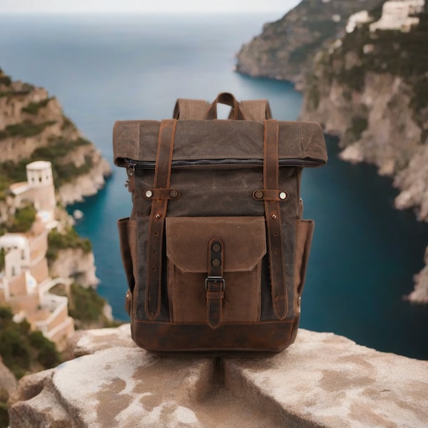 Mochila informal para portátil para hombre / Bolso de lona encerada / Mochila escolar vintage / Mochila para portátil de 15 pulgadas / Bolso elegante para uso diario