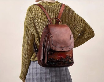 Retro Genuine Leather Embossed Ladies Backpack - Vintage Leather Travel Shoulder Bag - Birthday Gift For Mom Her Friend - Unique Embossed