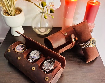 Handcrafted Leather Watch Roll: Travel Watch Case for 3 Watches
