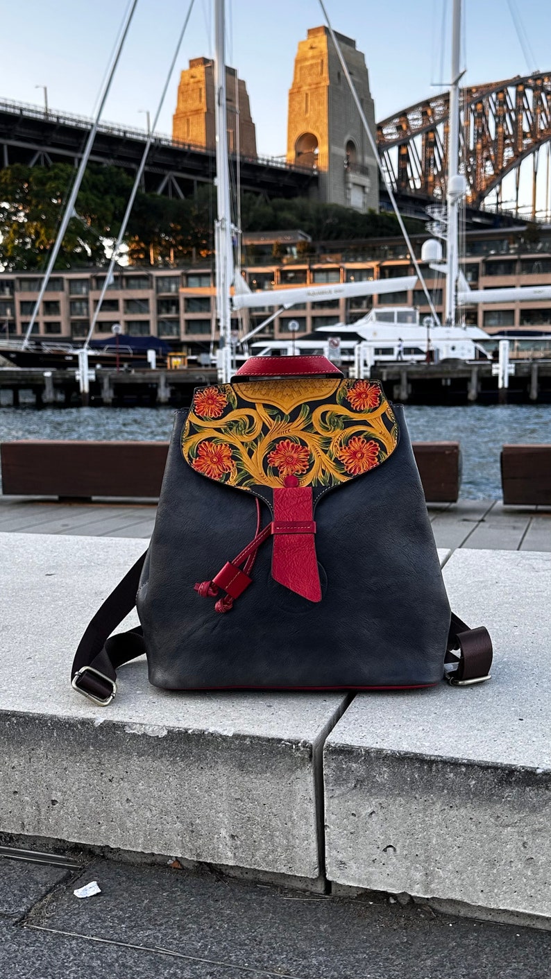 Premium Vintage Leather Backpack Handmade, Customizable, Soft Straps and Spacious Compartment Stylish & Functional with Appliques image 4