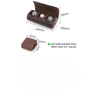 May include: A brown leather watch case with three compartments, each holding a watch. The case is 9.4 inches long, 4.1 inches wide, and 3 inches high. A separate watch pillow is also shown. Text: Can hold watches from WRIST SIZE: 6.5" and up!