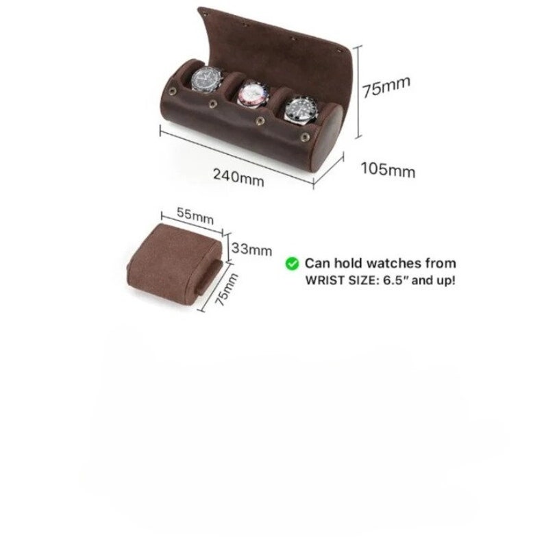 May include: A brown leather watch case with three compartments, each holding a watch. The case is 9.4 inches long, 4.1 inches wide, and 3 inches high. A separate watch pillow is also shown. Text: Can hold watches from WRIST SIZE: 6.5" and up!