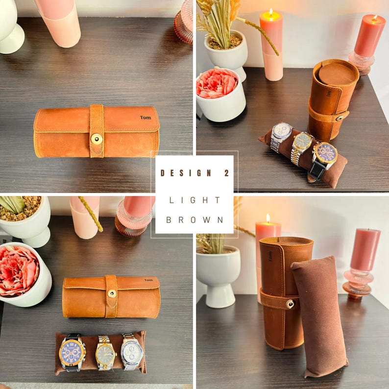 May include: Light brown leather watch cases and watch rolls. The cases have a button closure and a strap. The watch rolls are cylindrical and have a strap closure. The text "Tom" is visible on the case. The text "DESIGN 2 LIGHT BROWN" is also visible.