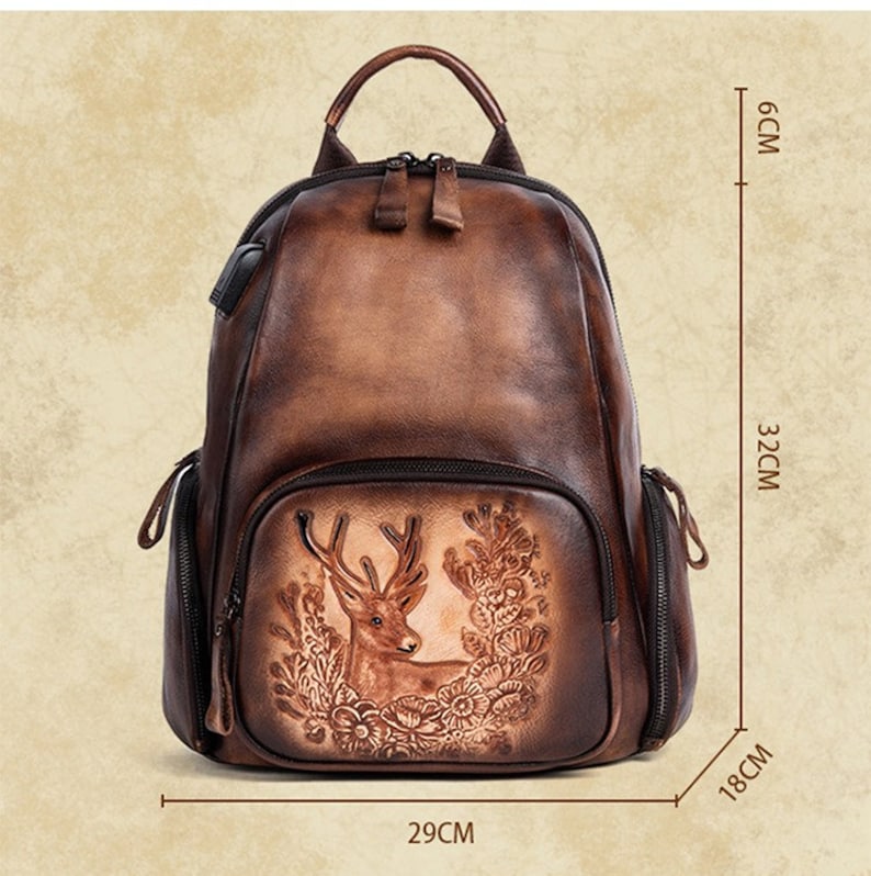 Royal Handmade Leather Backpack Large Capacity Vintage & Aesthetic College Bag for Women Brown and Black Retro Backpack image 5