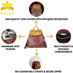 Premium Vintage Leather Backpack Handmade, Customizable, Soft Straps and Spacious Compartment Stylish & Functional with Appliques image 2