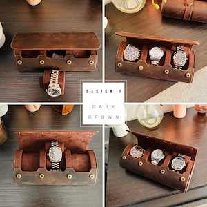 Personalized Leather Watch Case Engraved Watch Holder for Mom Unique Mother's Day Gift Elegant Watch Organizer Custom Watch Box Dark Brown Design 1