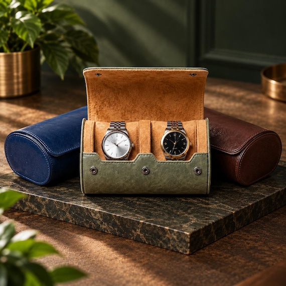A handcrafted genuine-leather double watch roll that actually travels well — personalized engraving elevates it from functional to proper heirloom gift.