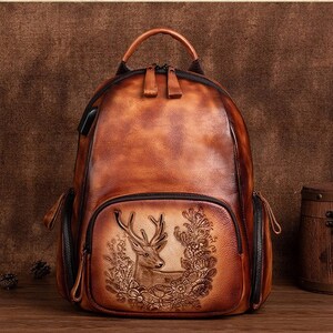 Royal Handmade Leather Backpack Large Capacity Vintage & Aesthetic College Bag for Women Brown and Black Retro Backpack image 6