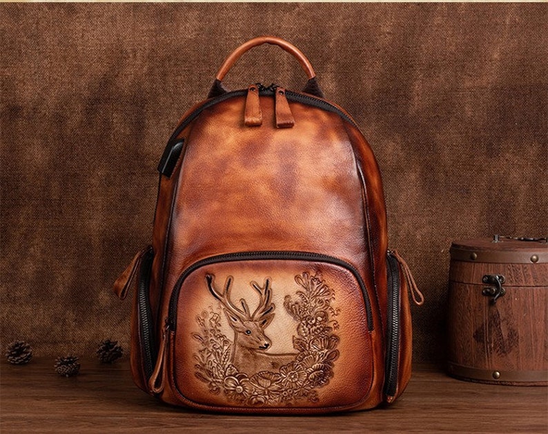 Royal Handmade Leather Backpack Large Capacity Vintage & Aesthetic College Bag for Women Brown and Black Retro Backpack image 6