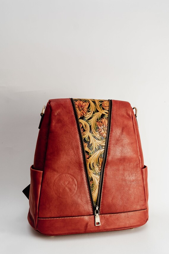 Tan Suede-Leather Backpack with Floral Design Ayacucho Suede Backpack - Olive Brown – Neroli Global main image 2