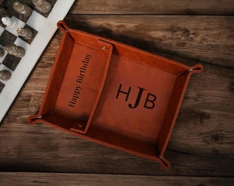 Engraved Leather Valet Tray for Men | Catchall Tray for Husband | Foldable Genuine Leather Valet Tray | Personalised Fathers Day Key Bowl