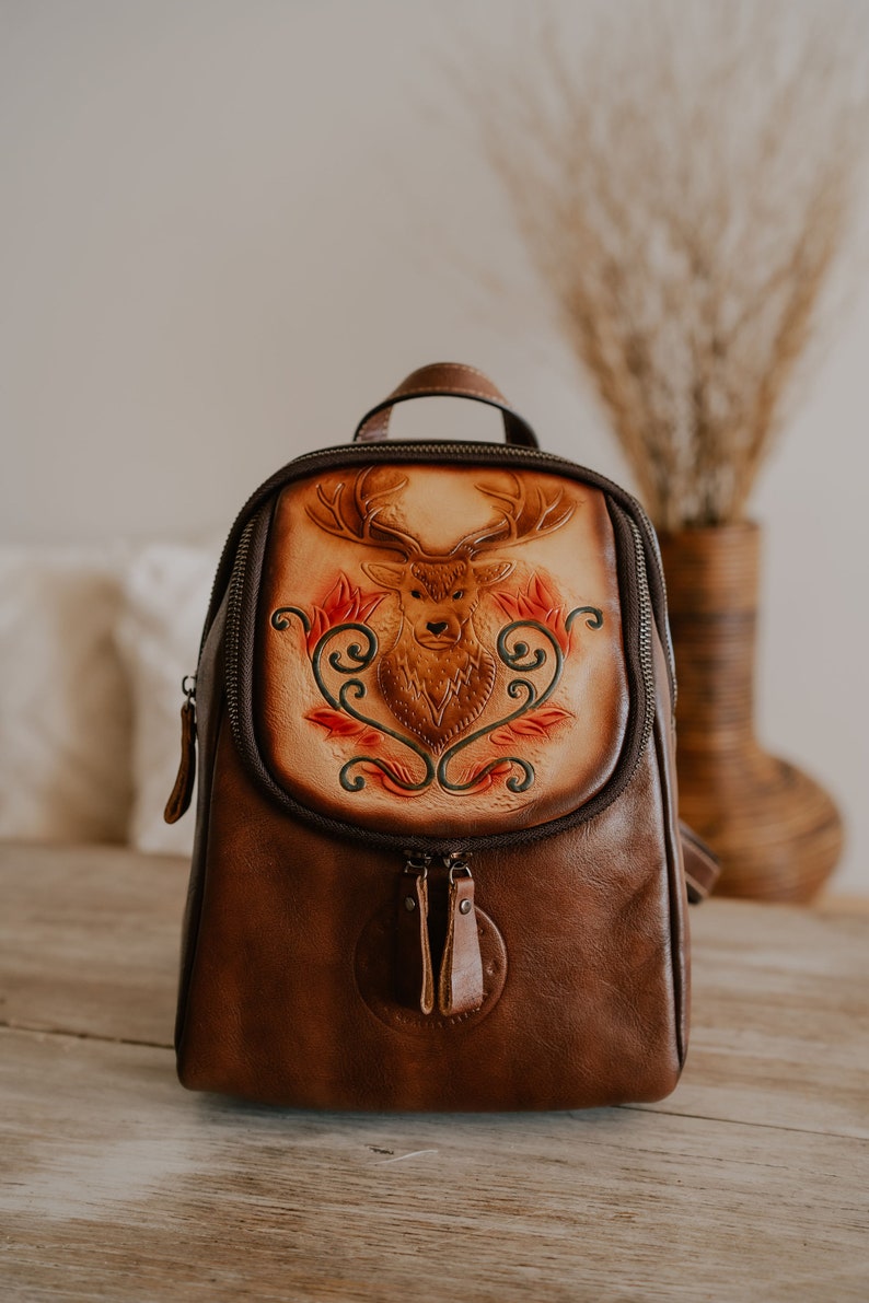 Leather Backpack for Women Floral Embossed, Lightweight & Durable Chic Handcrafted Rucksack Available in Multiple Colors Coffee