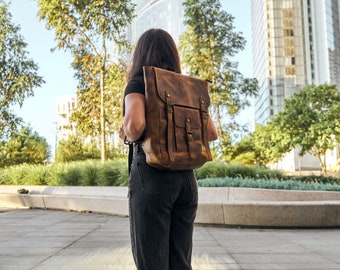 Handcrafted Full Grain Leather Backpack - Vintage Style Laptop Bag with Multiple Pockets & Trolley Sleeve
