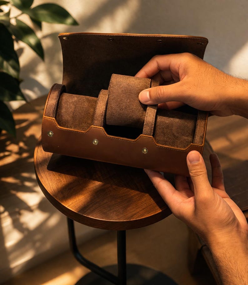 May include: A brown leather watch case with a suede interior. The case is open, revealing the watch compartments. The case is held by hands, showing the interior suede lining and the exterior brown leather. The case is on a wooden surface.