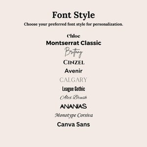 Może przedstawiać: Lista styl&oacute;w czcionek do wyboru w celu personalizacji. Style czcionek obejmują Chloe, Montserrat Classic, Britany, CINZEL, Avenir, CALGARY, League Gothic, Alex Brush, ANANIAS, Monotype Corsiva i Canva Sans.