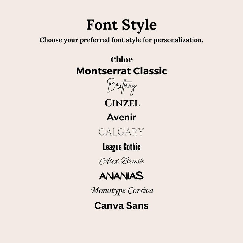 Może przedstawiać: Lista styl&oacute;w czcionek do wyboru w celu personalizacji. Style czcionek obejmują Chloe, Montserrat Classic, Britany, CINZEL, Avenir, CALGARY, League Gothic, Alex Brush, ANANIAS, Monotype Corsiva i Canva Sans.