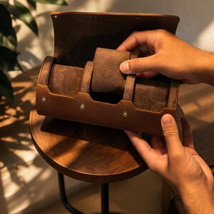 May include: A brown leather watch case with a suede interior. The case is open, revealing the watch compartments. The case is held by hands, showcasing the design and craftsmanship. The case has a rectangular shape with rounded edges and metal rivets.