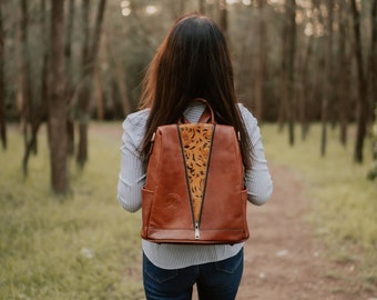 Handmade Leather Backpack: Floral Print Preppy Style Women's Bag