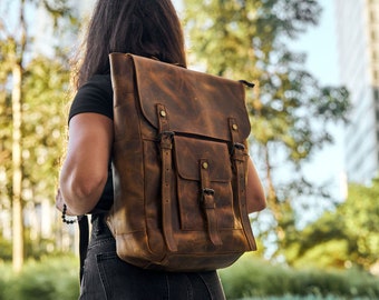 Handgefertigter Rucksack aus echtem Leder | Geräumige, stilvolle Tasche | Platz für 16-Zoll-Laptops | Reisen | Stilvolles Accessoire für Männer und Frauen | Geschenke für Sie/Ihn.