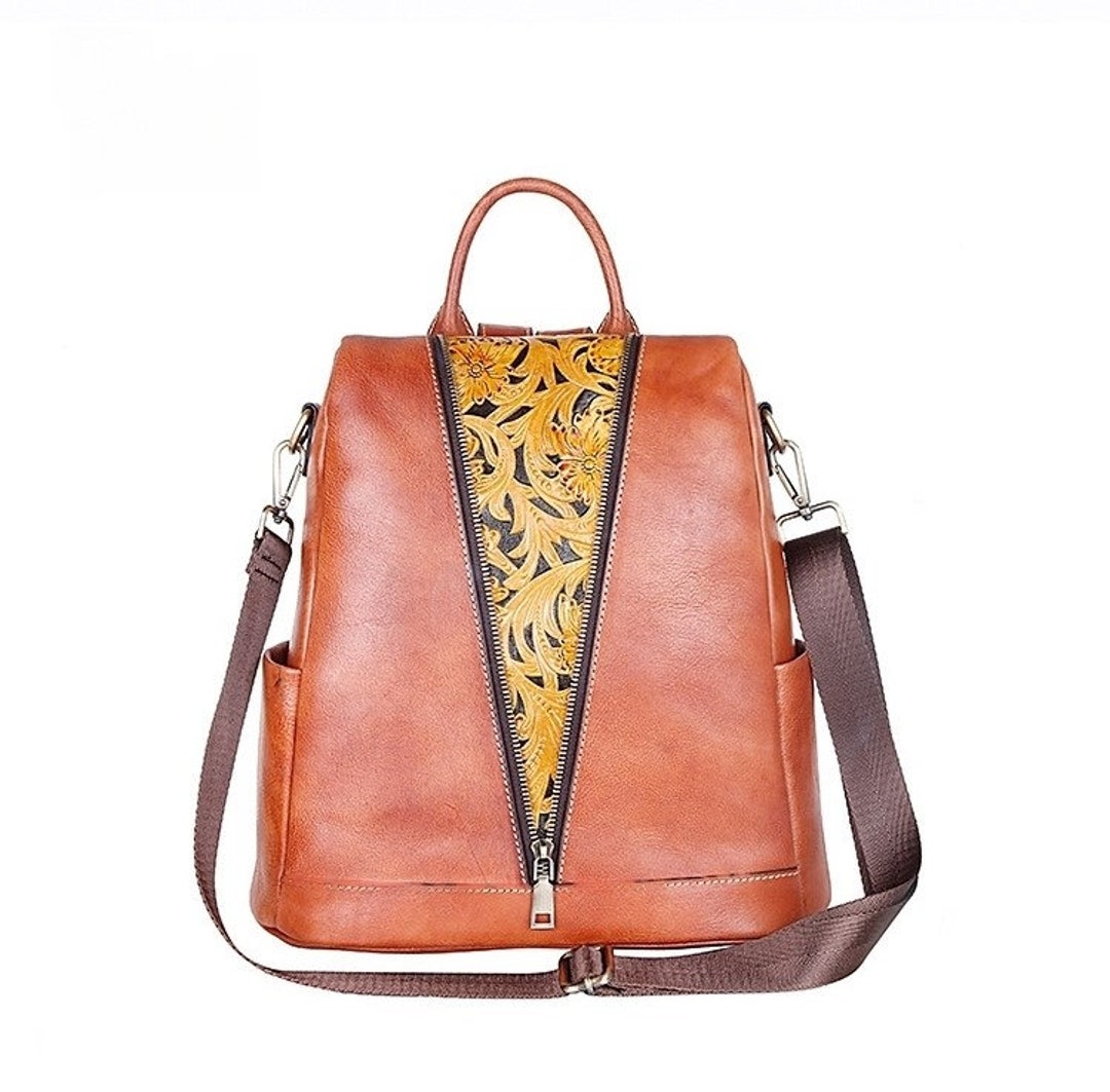 Chic Tan Leather Backpack for Women Vintageinspired Etsy