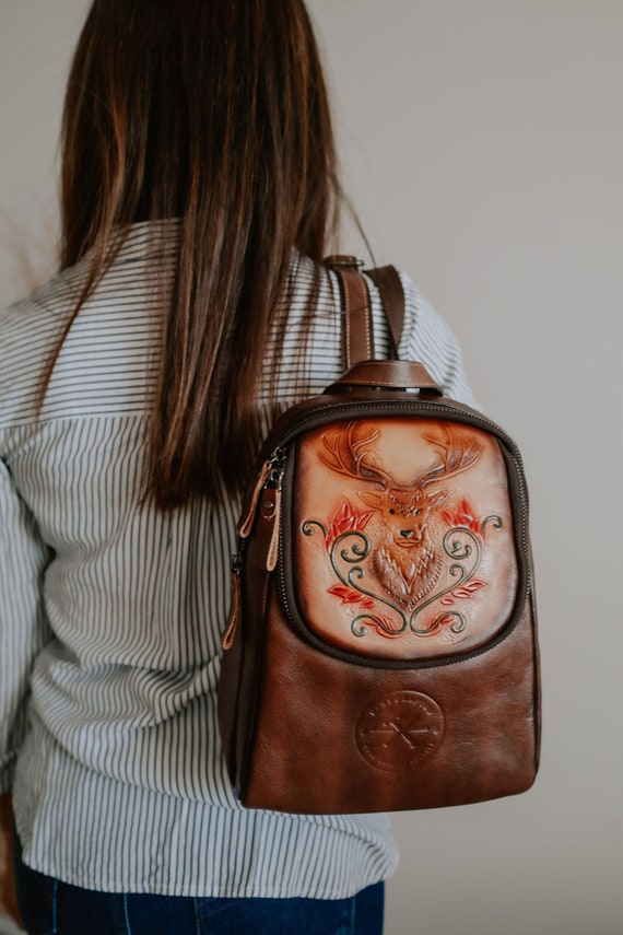 Elegant Brown Leather Backpack with Embossed Design Embossed Leather Drawstring Backpack main image 3