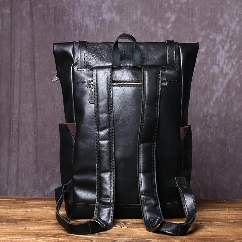 Handmade Unisex Full Grain Leather Backpack, Waterproof College Laptop Bag for Men & Women Convertible Anti-Theft Camera Auxiliary Strap. image 7