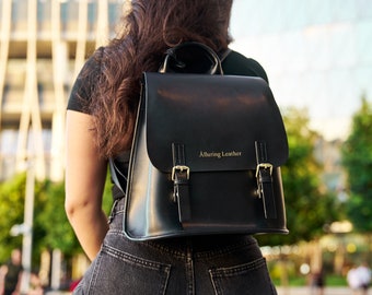 Luxurious Full Grain Leather Women's Backpack with Anti-Theft & Custom Engraved Handtag - Perfect Valentine's Gift, Unique Gift for Her