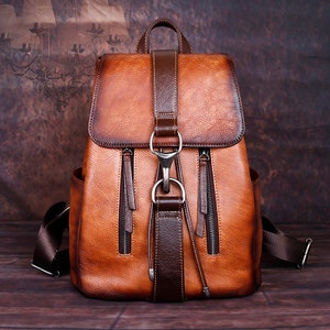 Handmade Premium Leather Backpack - Large Capacity Vintage Aesthetic College Women's Custom Retro Brown Bag